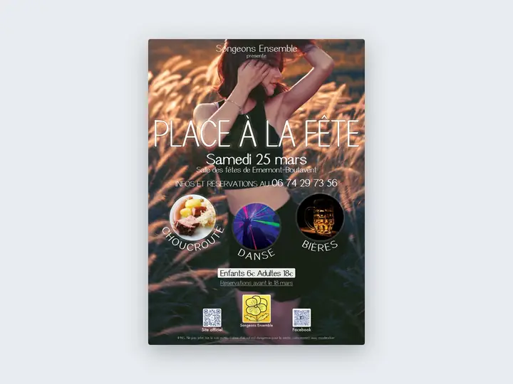 Affiche de soirée Place à la fête, Songeons Ensemble