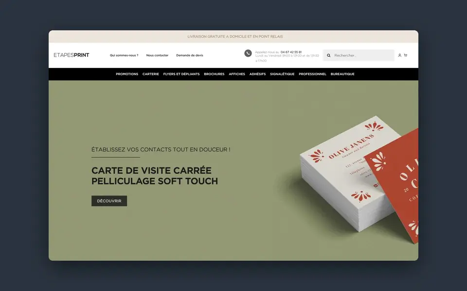 Page d'accueil du site Étapes Print sur ordinateur